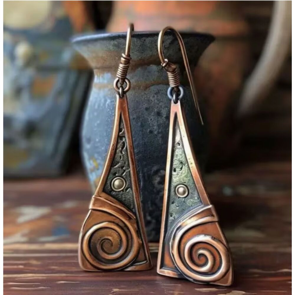 Boho Green & Bronze Triangle Dangle Earrings